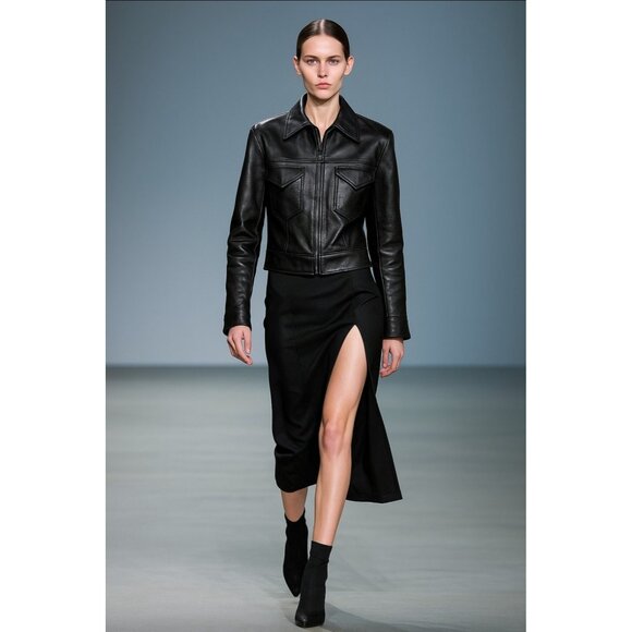 SISLEY Women’s Black Leather Moto Jacket Zip Front Diagonal Pockets Classic 44 - Picture 1 of 12